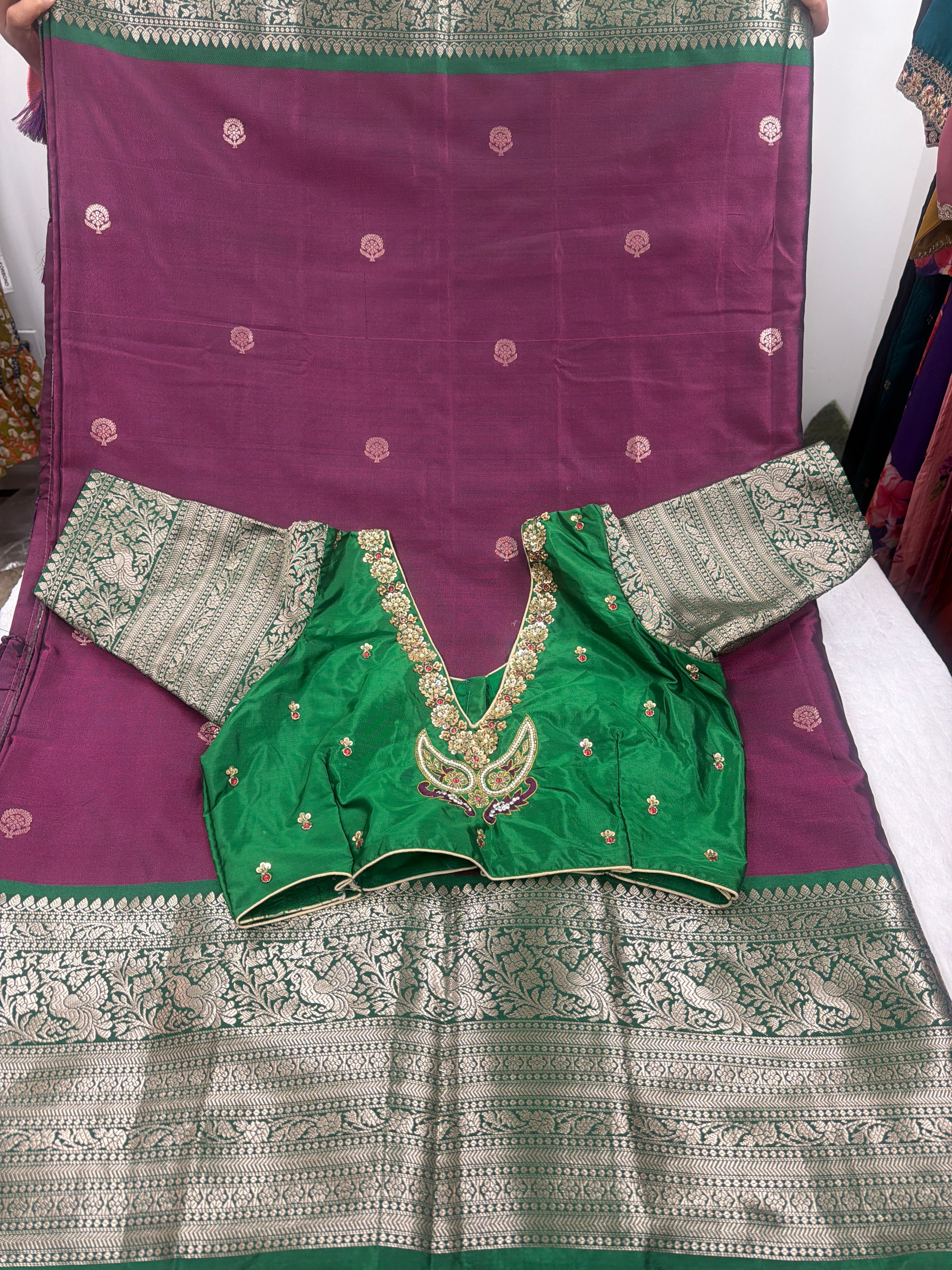 Semi gadwal saree with maggam stoched blouse